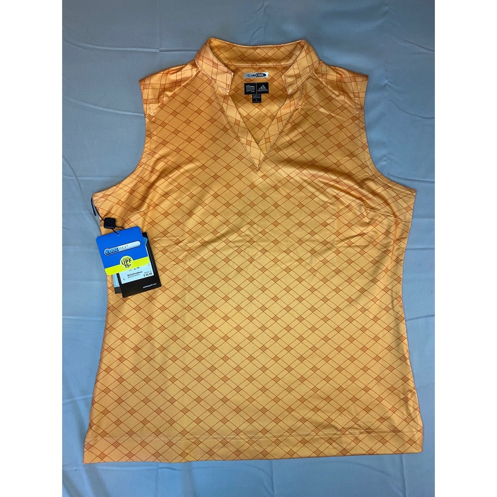 Adidas‎ ClimaCool Golf Polo Womens L Orange NWT Sleeveless Diamond Print UPF 15+
